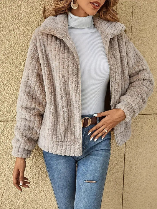 Gilet Hiver Femme Zippé Manches Longues En Polaire Côtelée