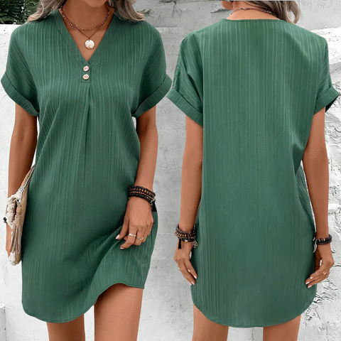 Robe Mini d’Été Élégante Femme – Coupe Ample Décontractée Col V Manches Courtes