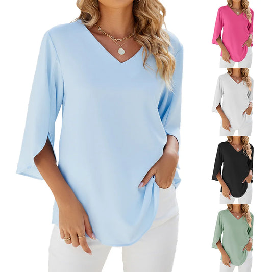Blouse Élégante Femme Col en V Manches Trois-Quarts – Haut Léger Confortable Doux Unique au Quotidien ou au Bureau