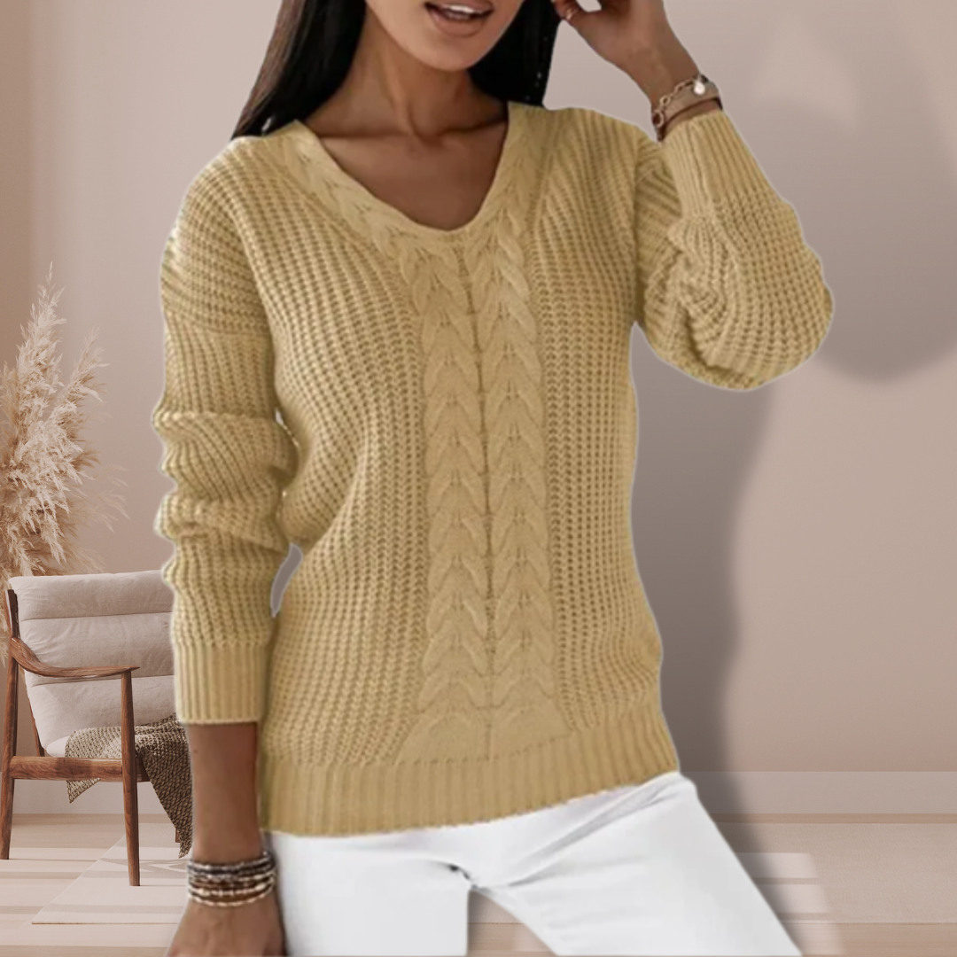Pull Femme à Col V en Tricot Torsadé – Pull Décontracté d’Hiver