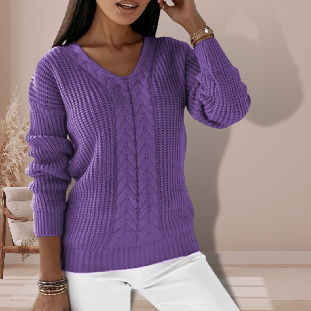 Pull Femme à Col V en Tricot Torsadé – Pull Décontracté d’Hiver