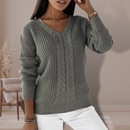 Pull Femme à Col V en Tricot Torsadé – Pull Décontracté d’Hiver