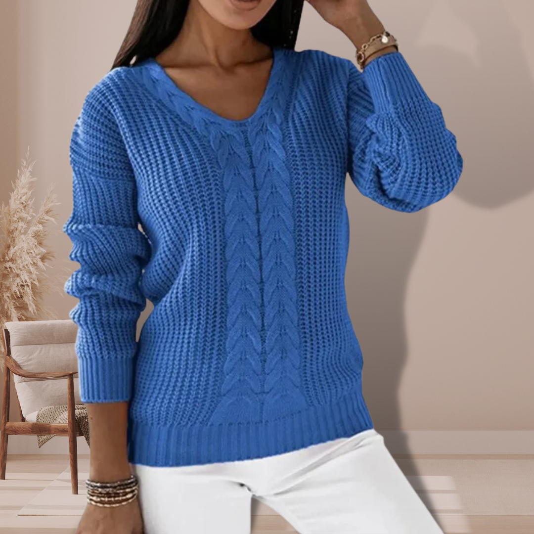 Pull Femme à Col V en Tricot Torsadé – Pull Décontracté d’Hiver