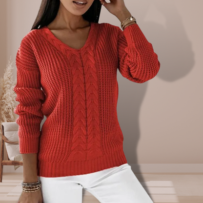 Pull Femme à Col V en Tricot Torsadé – Pull Décontracté d’Hiver