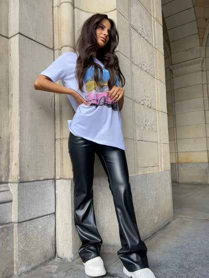 Pantalon Femme en Cuir Vegan Taille Haute – Coupe Droite Élégante en Similicuir