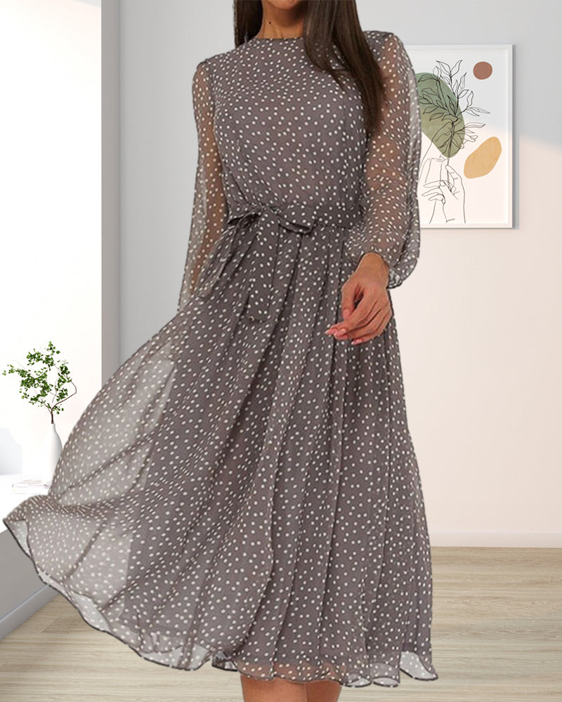 Robe femme à pois coupe trapèze – Longueur genou et manches longues élégantes