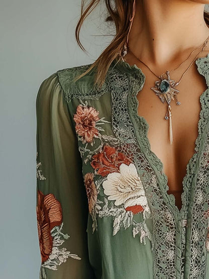 Blouse en Dentelle Florale Bohème Femme – Haut Ajusté à Col V Élégant