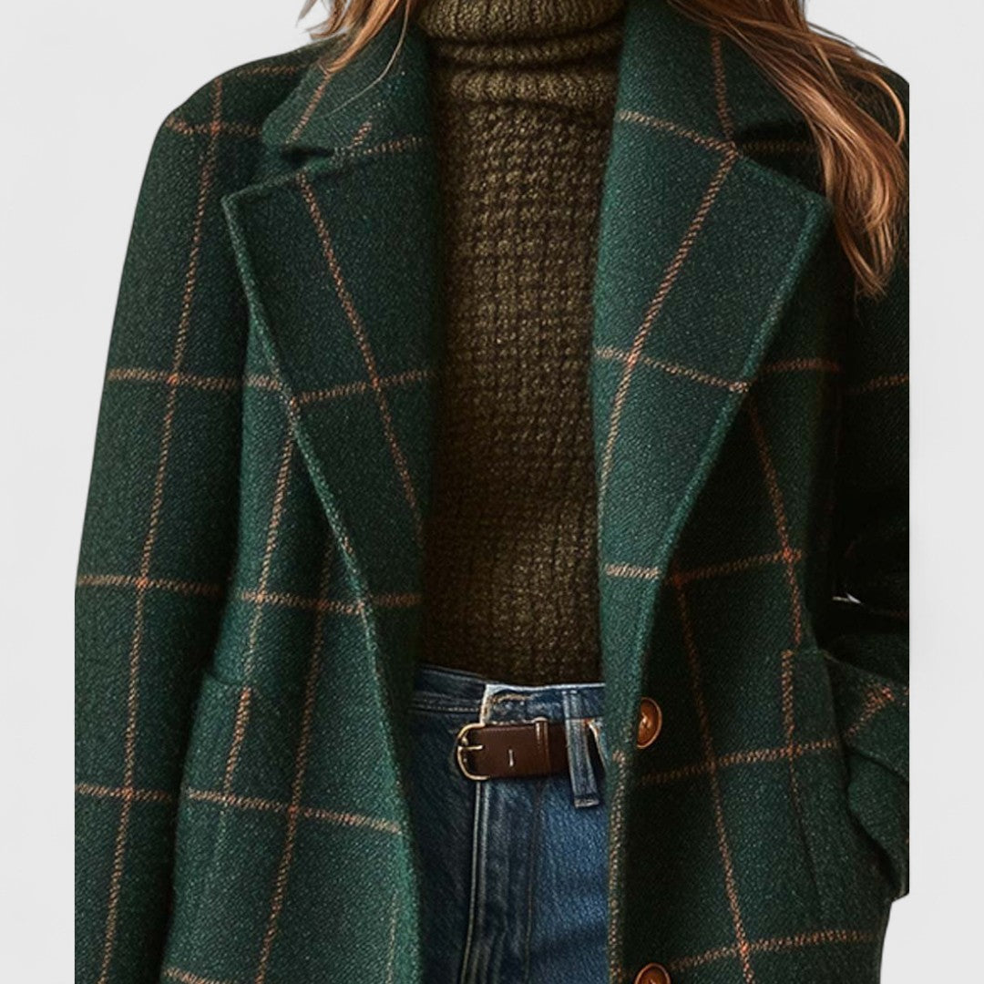 Manteau Tweed Femme à Carreaux – Col Revers Classique à Motif Plaid