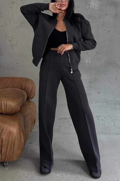Trendy Casual Two-Piece Set for Women – Oversized Zip-Up Sweatshirt and Jogging Pants