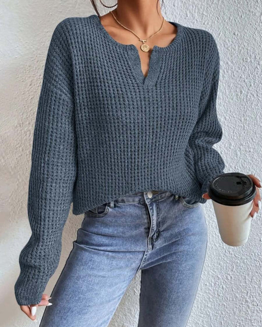 Pull Femme Élégant à Col V en Tissu Gaufré – Manches Longues