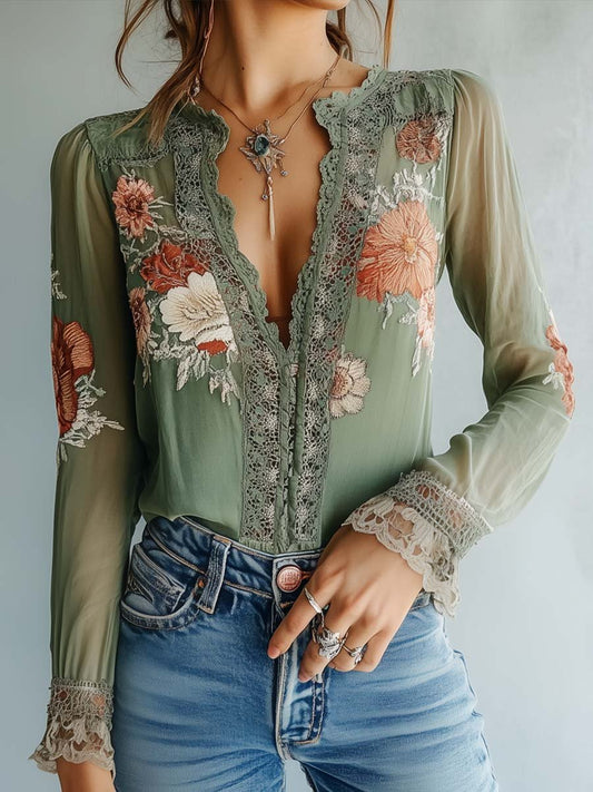 Blouse en Dentelle Florale Bohème Femme – Haut Ajusté à Col V Élégant