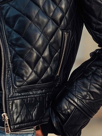 Veste matelassée élégante en cuir synthétique noir pour femme – Col rétro en fourrure