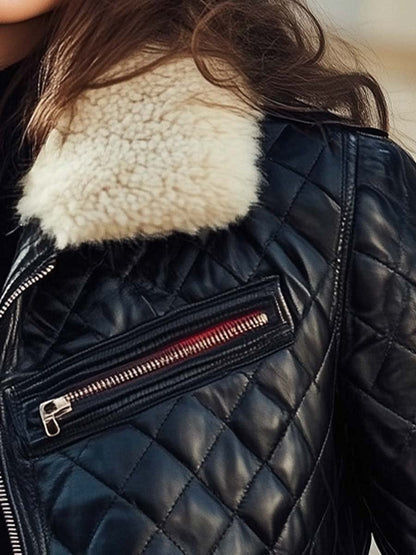Veste matelassée élégante en cuir synthétique noir pour femme – Col rétro en fourrure