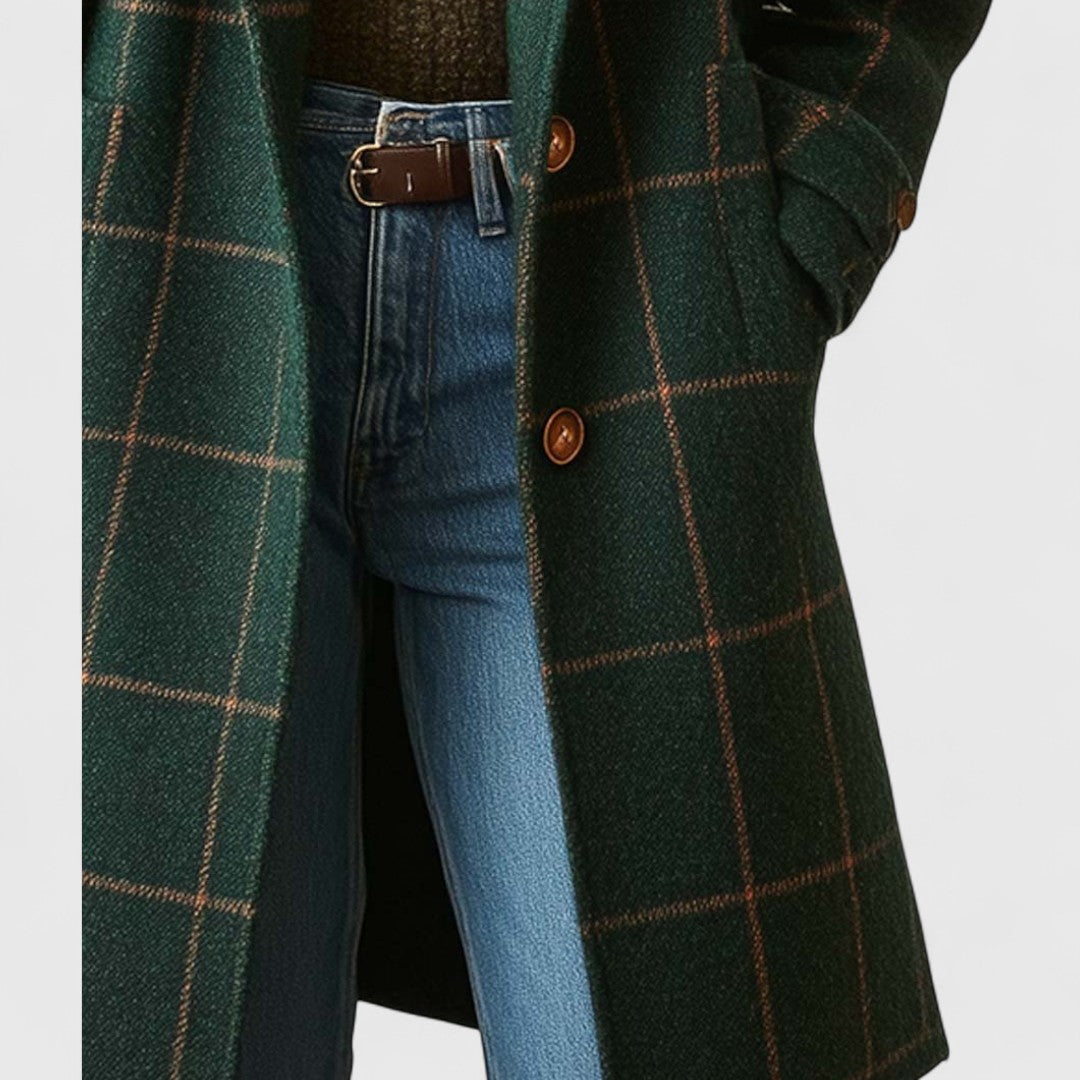 Manteau Tweed Femme à Carreaux – Col Revers Classique à Motif Plaid