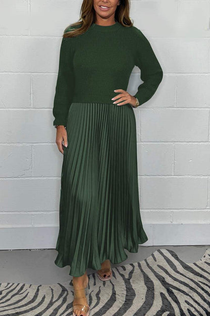 Ensemble femme élégant – Pull en maille et jupe plissée satinée deux pièces