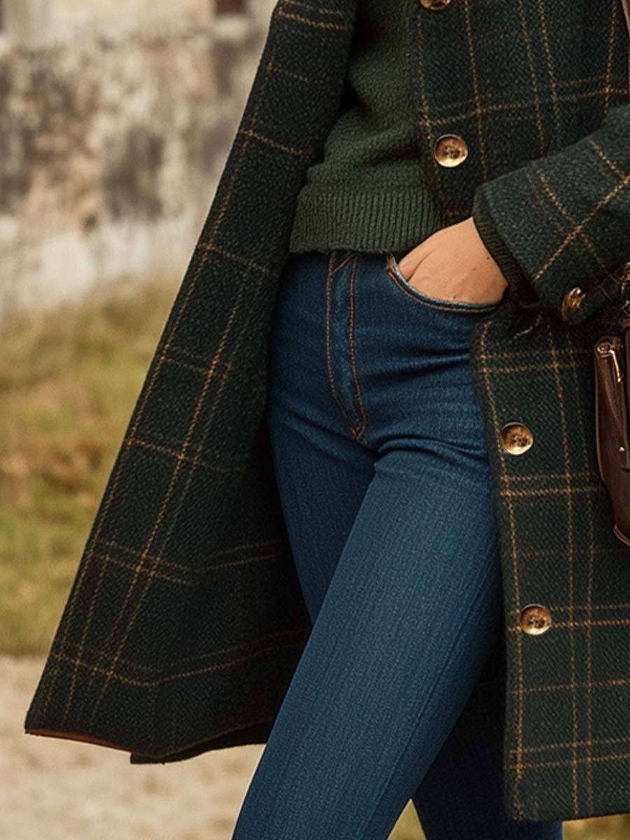 Femme élégant laine carreaux Manteau d'hiver – Long boutonné vêtement d'extérieur