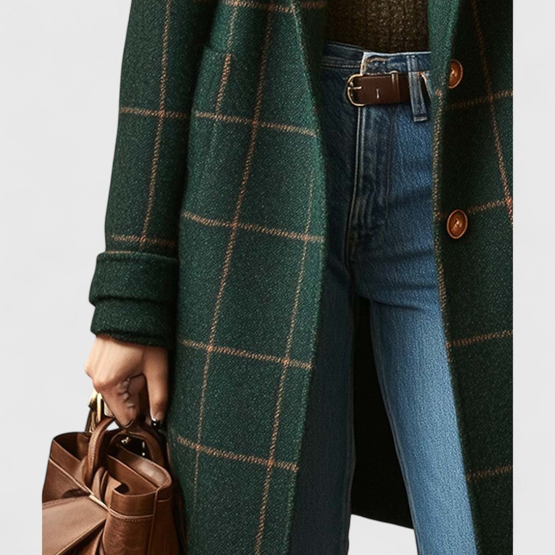 Manteau Tweed Femme à Carreaux – Col Revers Classique à Motif Plaid