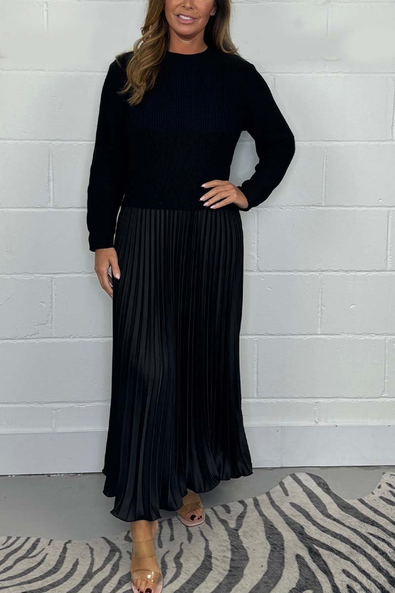 Ensemble femme élégant – Pull en maille et jupe plissée satinée deux pièces