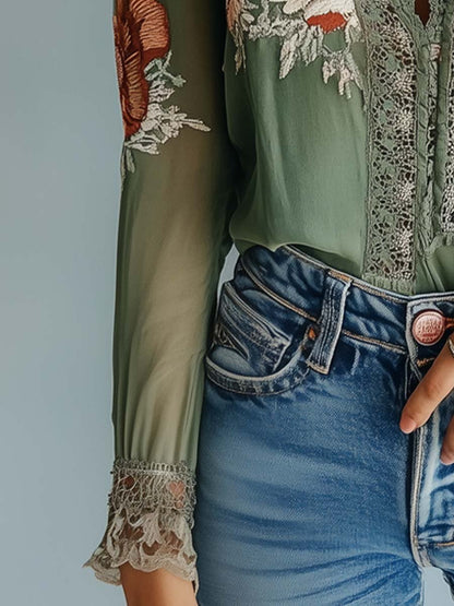 Blouse en Dentelle Florale Bohème Femme – Haut Ajusté à Col V Élégant