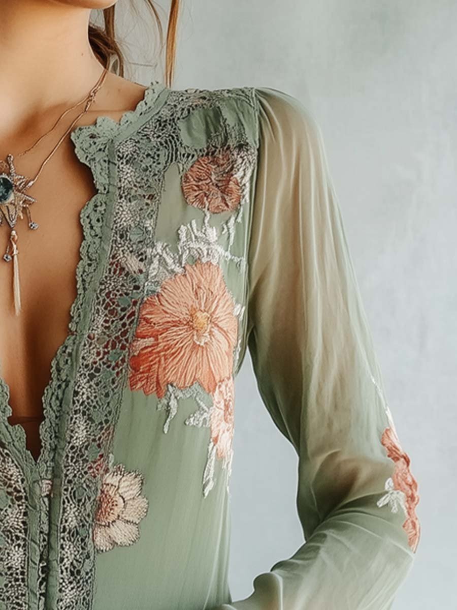 Blouse en Dentelle Florale Bohème Femme – Haut Ajusté à Col V Élégant