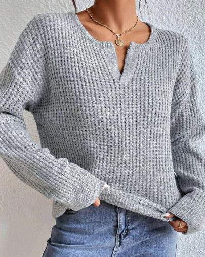Pull Femme Élégant à Col V en Tissu Gaufré – Manches Longues