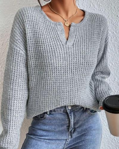 Pull Femme Élégant à Col V en Tissu Gaufré – Manches Longues