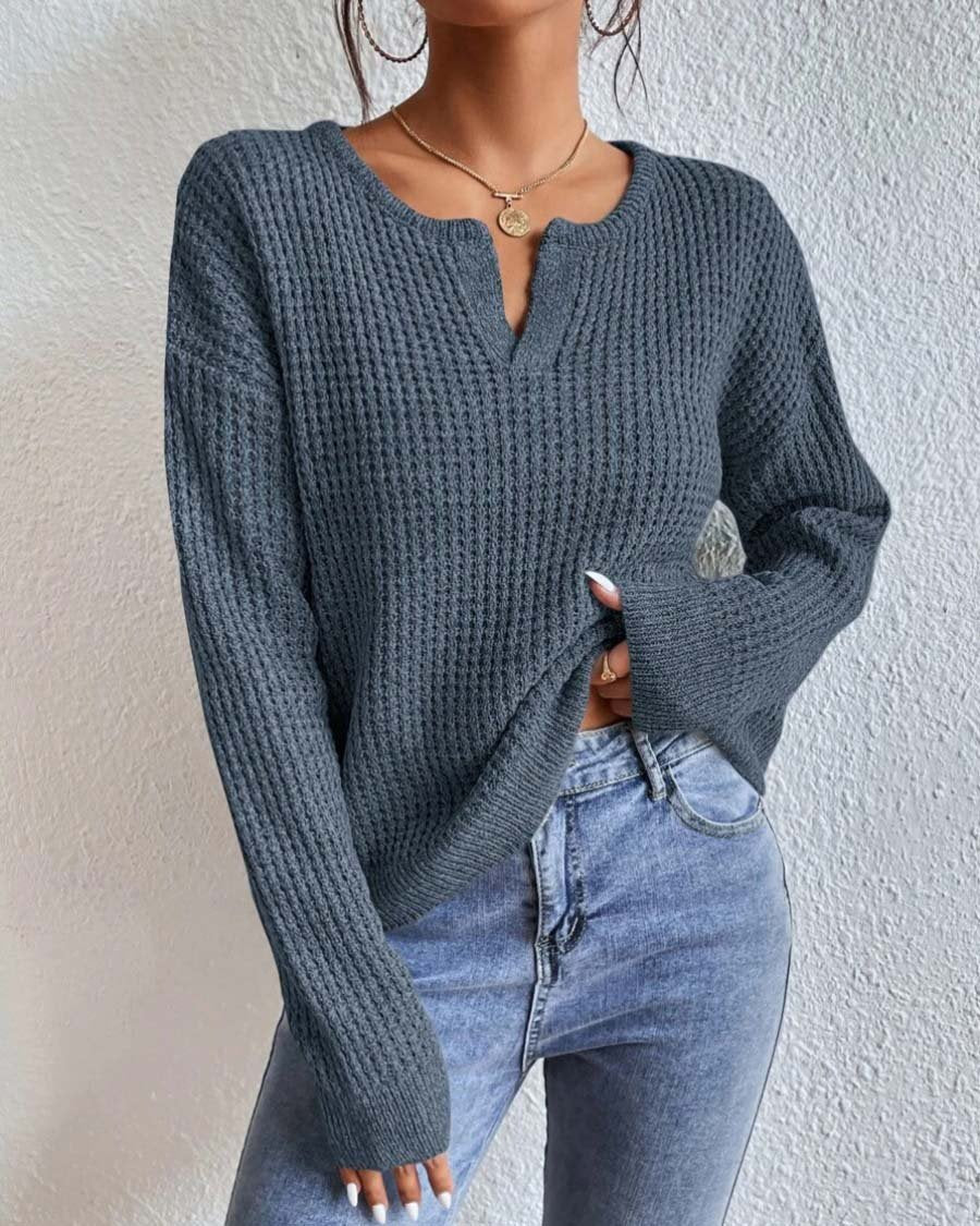 Pull Femme Élégant à Col V en Tissu Gaufré – Manches Longues