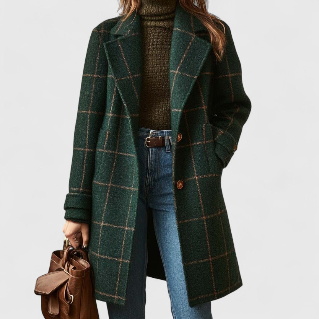Manteau Tweed Femme à Carreaux – Col Revers Classique à Motif Plaid