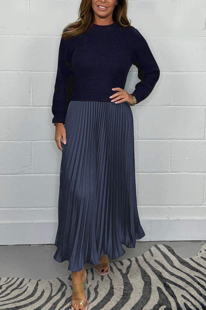 Ensemble femme élégant – Pull en maille et jupe plissée satinée deux pièces