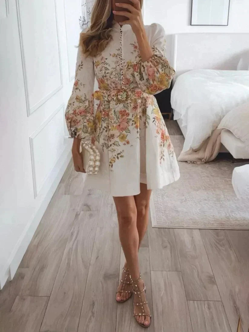 Robe Mini Imprimée Élégante pour Femmes – Robe Florale en Lin avec Ceinture et Boutons