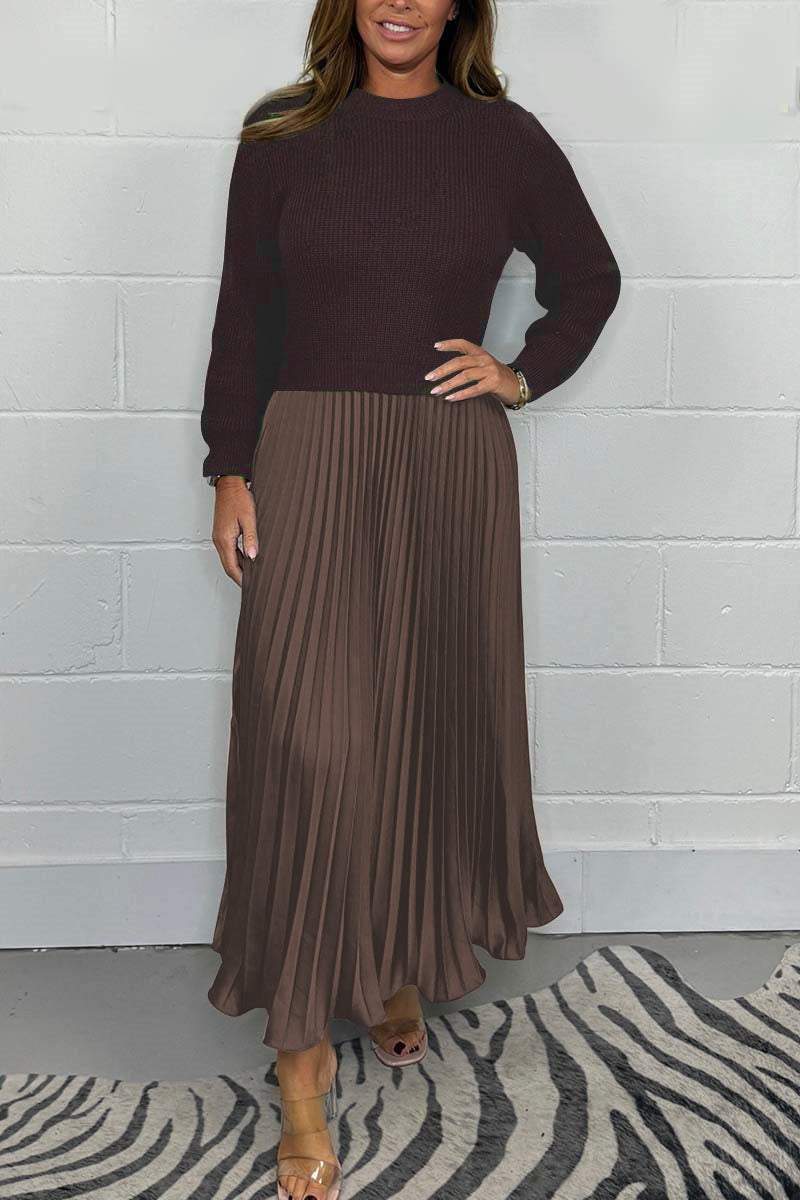 Ensemble femme élégant – Pull en maille et jupe plissée satinée deux pièces