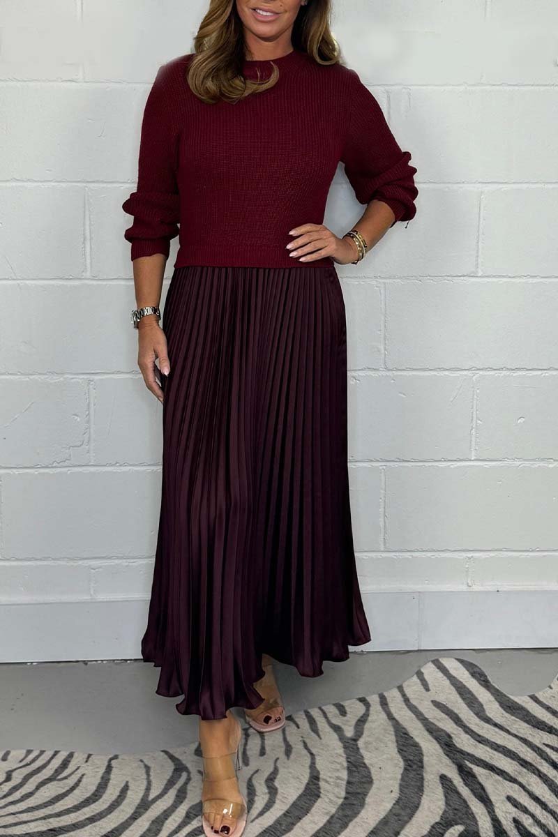 Ensemble femme élégant – Pull en maille et jupe plissée satinée deux pièces