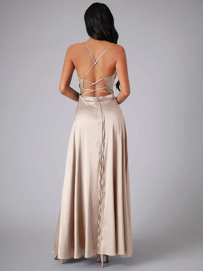 Women's Satin Evening Dress with Open Back and Slit - Elegant and Glamorous