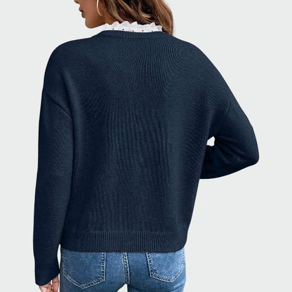 Pull à col en V pour femme avec bordure en dentelle – Haut élégant et stylé