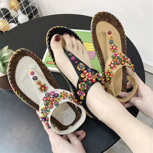 Sandales Plates Femme Colorées Élégantes à Perles Style Gladiateur – Chaussures Décontractées Confortables d’Été