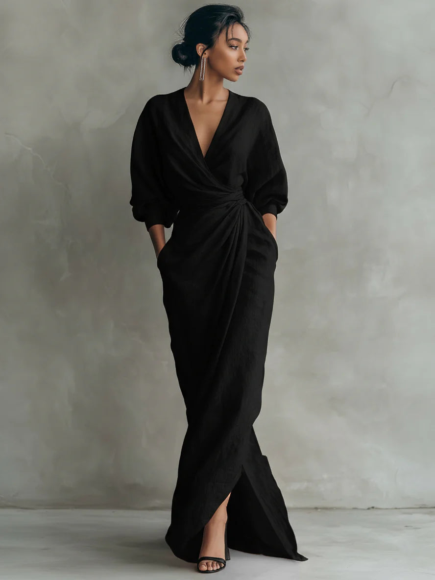 Robe maxi drapée femme à taille marquée – Élégance fluide et féminine
