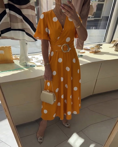 Fitted women's polka dot dress with V-neck - Flattering and feminine
