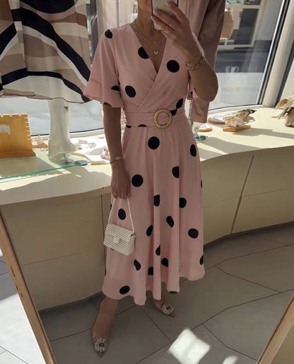 Fitted women's polka dot dress with V-neck - Flattering and feminine