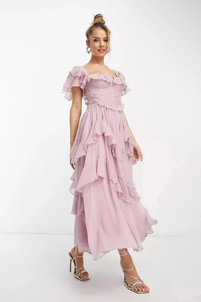 Ensemble midi rose à manches volantées avec détail corset pour femmes – Tenue deux pièces élégante
