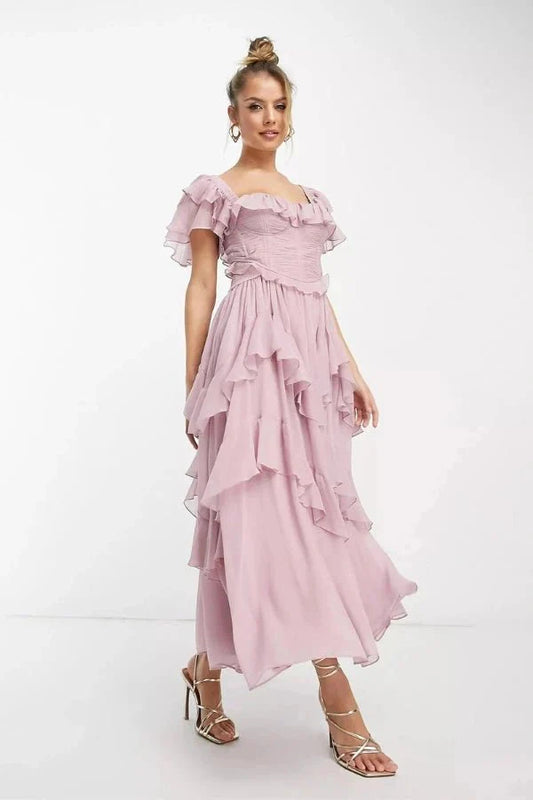 Pink midi set with flutter sleeves and corset detail for women – Elegant two-piece outfit