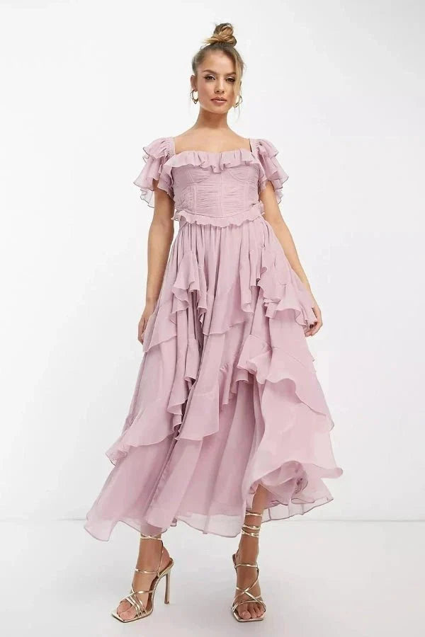 Ensemble midi rose à manches volantées avec détail corset pour femmes – Tenue deux pièces élégante