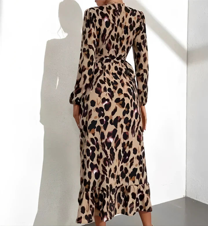 Robe Midi Élégante Femme Imprimé Léopard – Col V Style Maxi Portefeuille