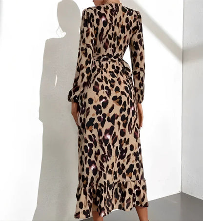 Robe Midi Élégante Femme Imprimé Léopard – Col V Style Maxi Portefeuille