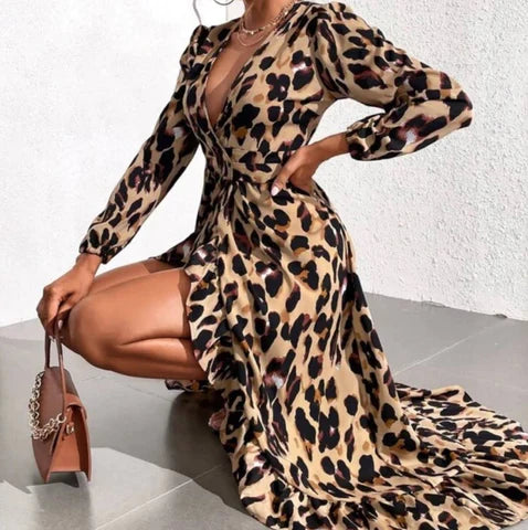 Robe Midi Élégante Femme Imprimé Léopard – Col V Style Maxi Portefeuille