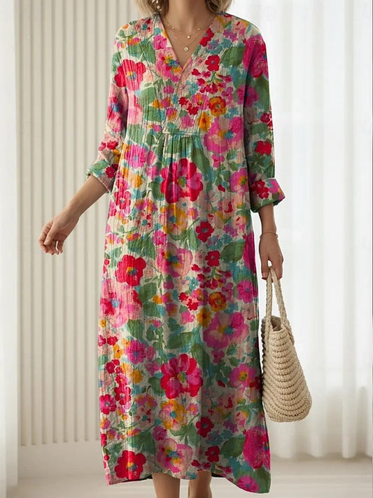 Colorful Floral Midi Dress with V-Neck for Women – Comfortable Casual Fit