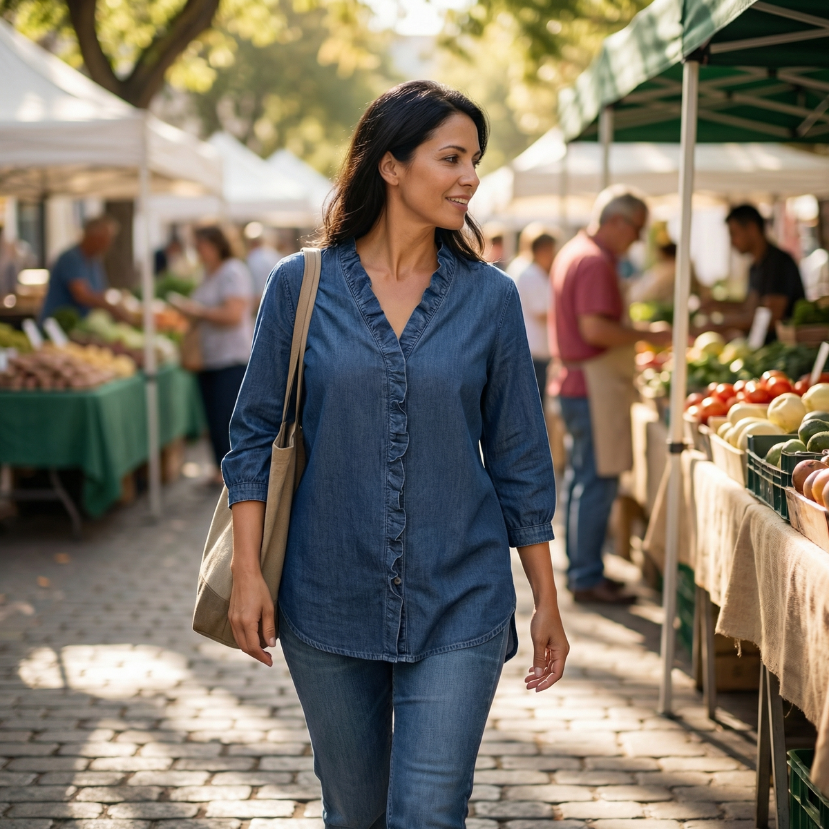 Blusa in denim con scollo a V e volant Vivara - Morbida e femminile