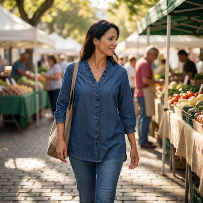 Blusa in denim con scollo a V e volant Vivara - Morbida e femminile