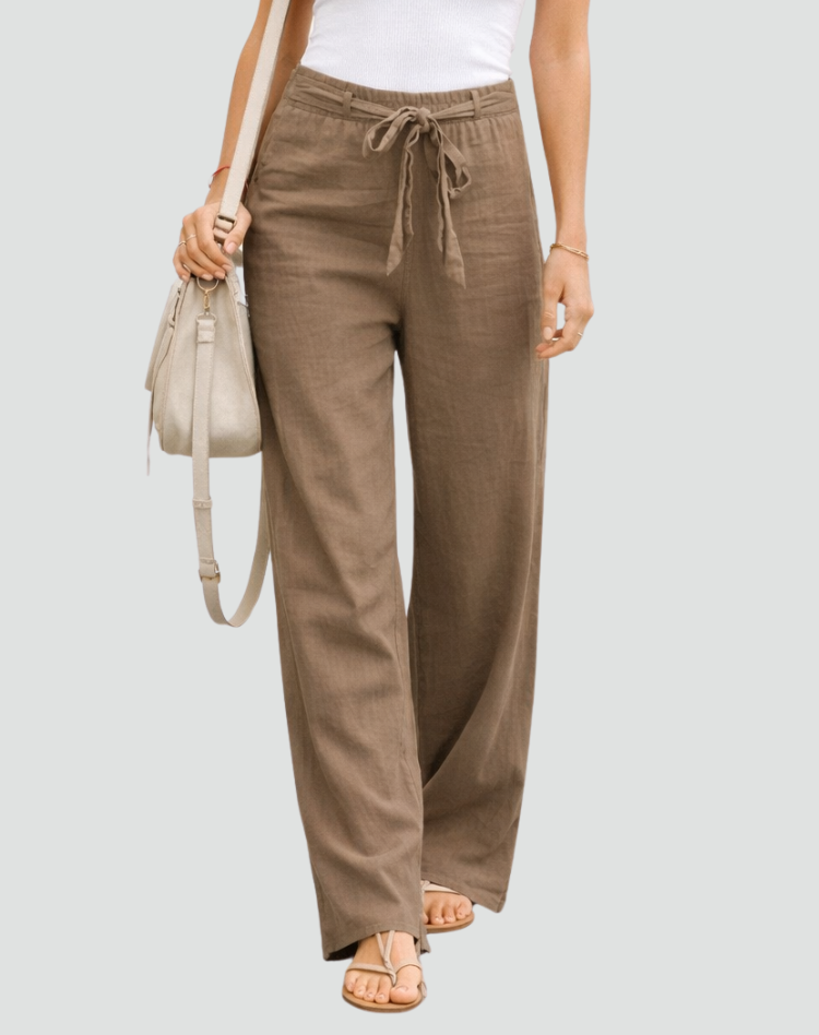 Pantalon femme en lin jambe large avec cordon - Souple et leger