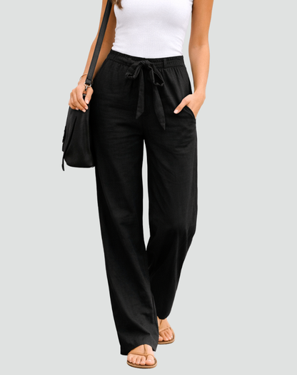 Pantalon femme en lin jambe large avec cordon - Souple et leger