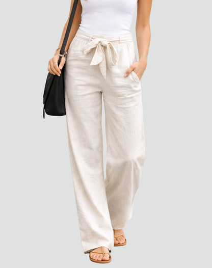 Pantalon femme en lin jambe large avec cordon - Souple et leger